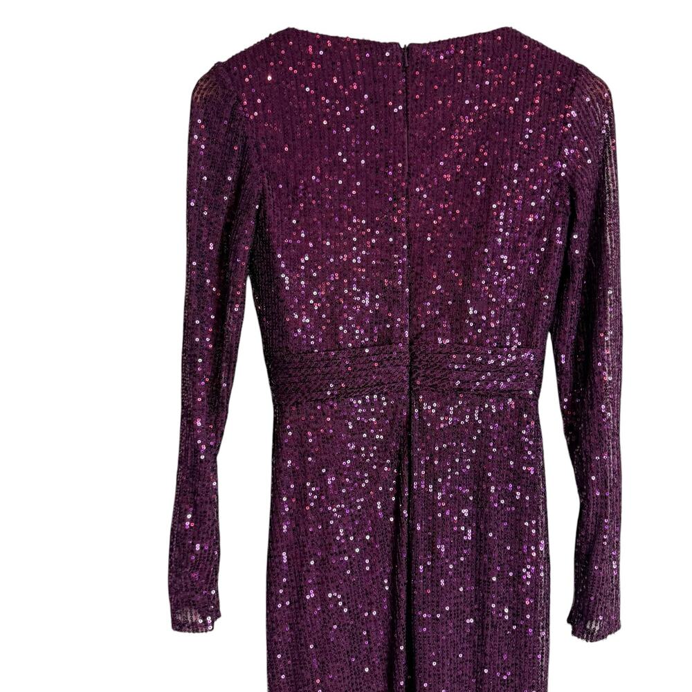 Mac Duggal Purple Sequined Long Sleeve V-Neck Slit Formal Prom Gown Size 2 - Picture 7 of 9